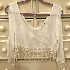 LF Millau Long Sleeve Fringe Trim White Crop Top